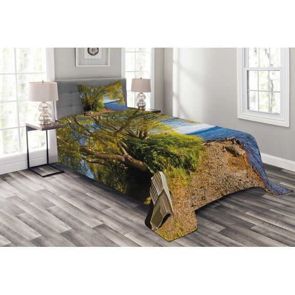 Ambesonne Fishing Quilted Bedspread Set 2 Pcs, Boat Under the Tree, Twin Size, Olive Green Blue