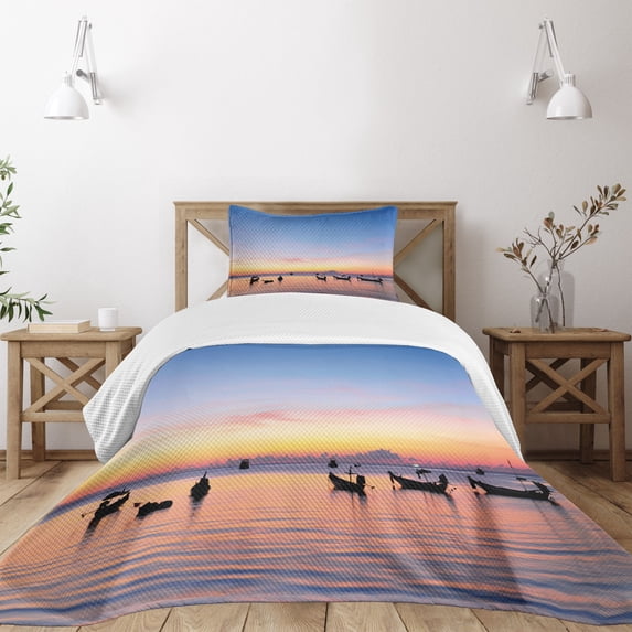 Ambesonne Fishing Quilted Bedspread Set 2 Pcs, Sunset on Sea Ships, Twin Size, Blue Yellow Coral