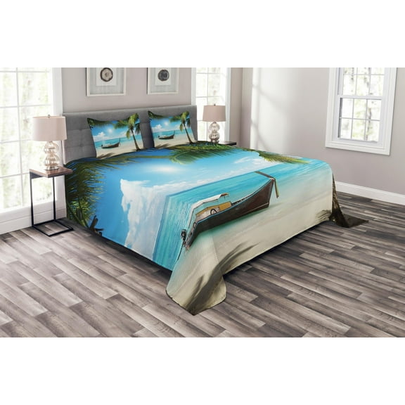 Ambesonne Fishing Quilted Bedspread Set 3 Pcs, Small Boat Sunny Ocean, Queen Size, Aqua Coconut Green