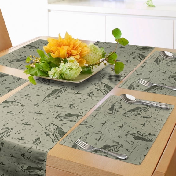 Ambesonne Fishing Table Runner & Placemats, Fisherman Boat and Trouts, Placemat 4 pcs + Runner 12"x90", Dusk Army Green