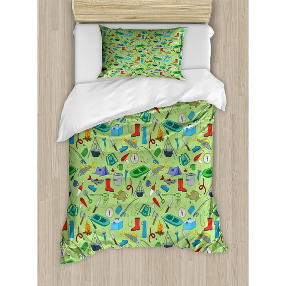 Ambesonne Fishing Theme Duvet Cover Sets, Angling and Camping, 2-Twin, Pastel Green Multicolor