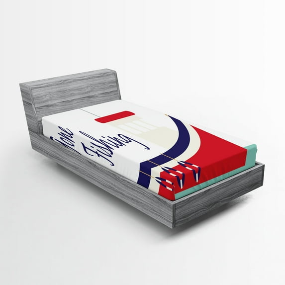 Ambesonne Fishing Theme Fitted Sheet 2 Pcs Set, Cartoon Fishing Boat, Twin, Dark Pink and Seafoam