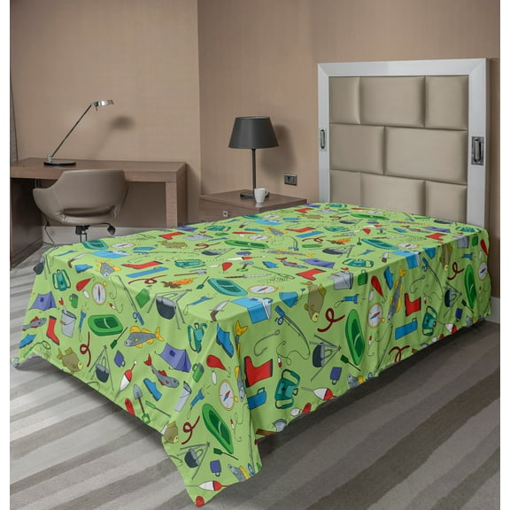 Ambesonne Fishing Theme Flat Sheet, Angling and Camping, TwinXL Size, Pastel Green Multicolor