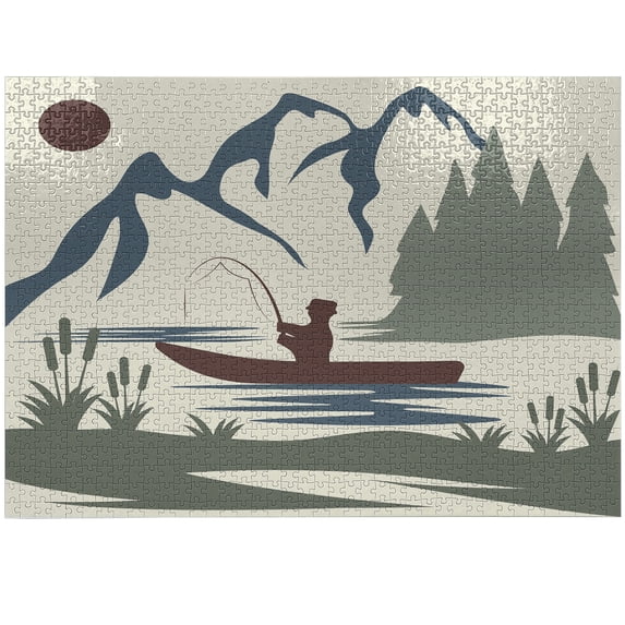 Ambesonne Fishing Theme Jigsaw Puzzle Durable Cardboard, Man Angling on Boat, 1000 pcs, Ivory Multicolor