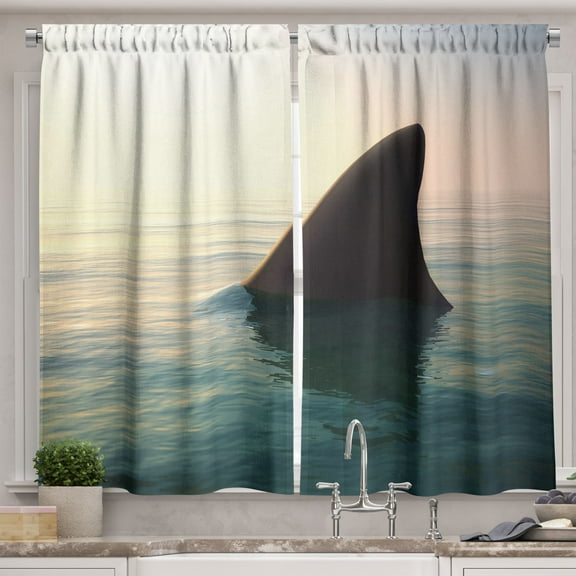 Ambesonne Fishing Theme Kitchen Curtains, Shark Fin Above Ocean, 55"x24", Multicolor