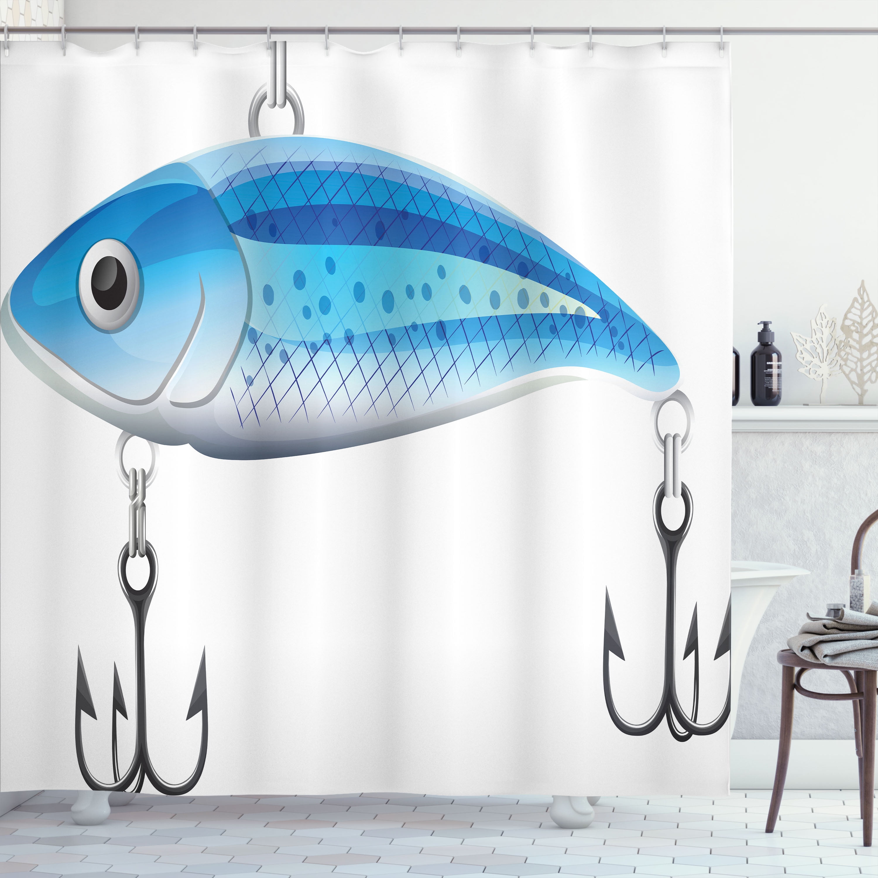 Ambesonne Fishing Theme Shower Curtain, Artificial Fish Bait, 69Wx84L,  Sky Blue White