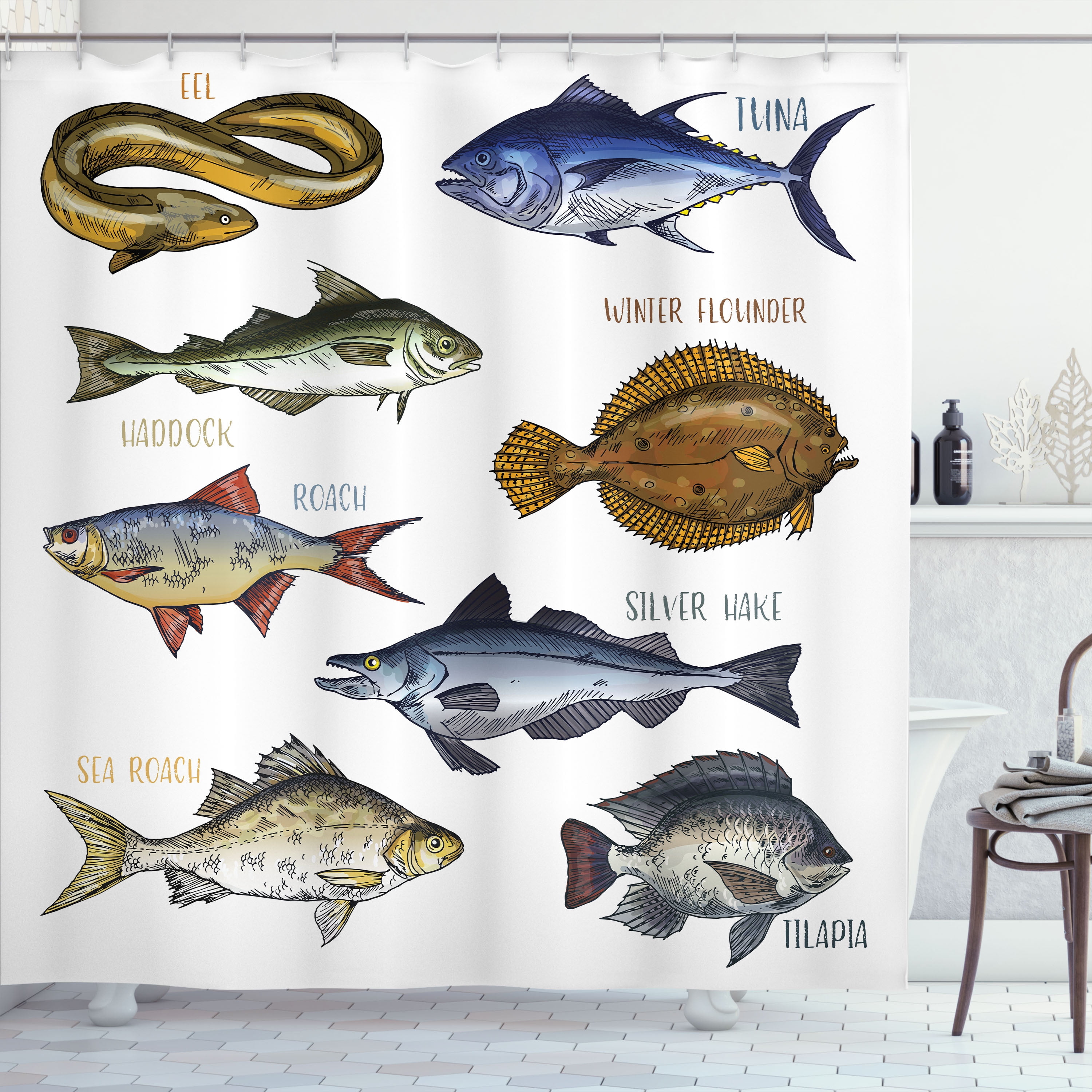 Ambesonne Fishing Theme Shower Curtain, Fishes and Names Info, 69Wx84L,  White Multicolor