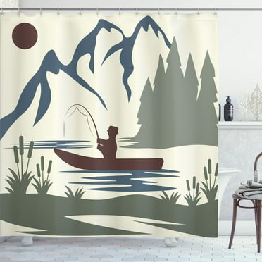 Ambesonne Fishing Theme Shower Curtain, Man Angling on Boat, 69"Wx70"L, Ivory Multicolor