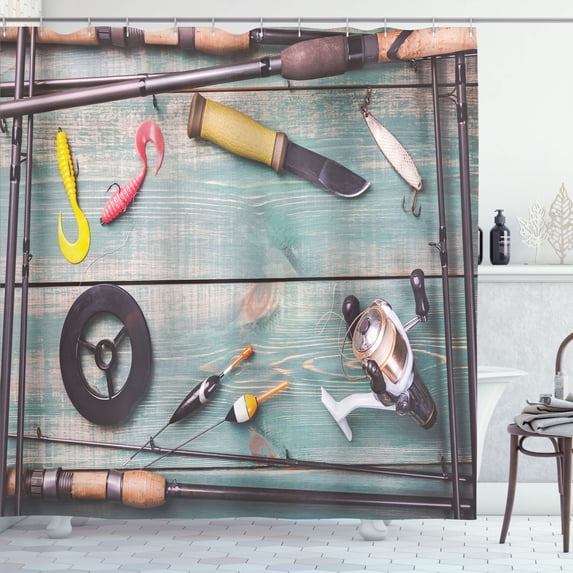 Ambesonne Fishing Theme Shower Curtain, Rods and Frame Form, 69"Wx84"L, Multicolor