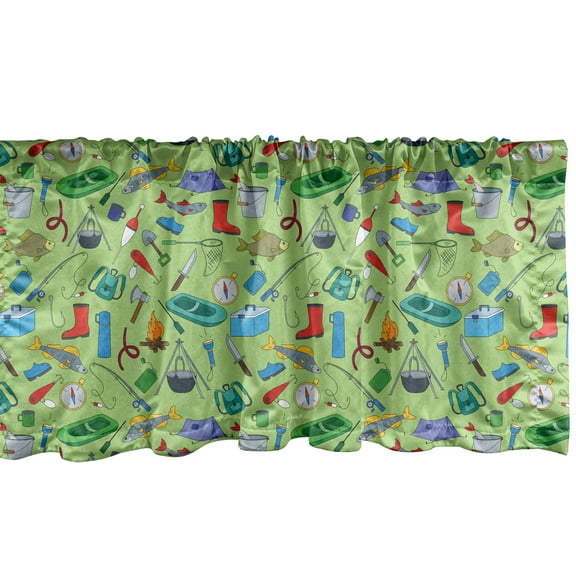 Ambesonne Fishing Theme Window Valance, Angling and Camping, 54" X 18", Pastel Green Multicolor