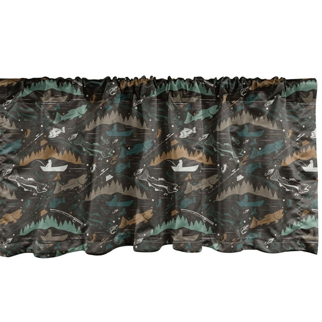 Ambesonne Fishing Theme Window Valance, Fishes and Fishermans, 42" x 12", Dark Taupe Multicolor