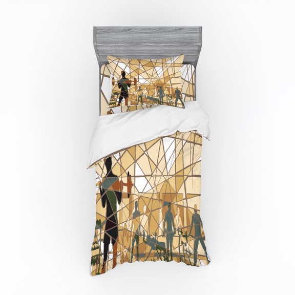 Ambesonne Fitness Bedding Set 3 Pcs, Mosaic People in Gym, Twin, Slate Blue Pale Brown