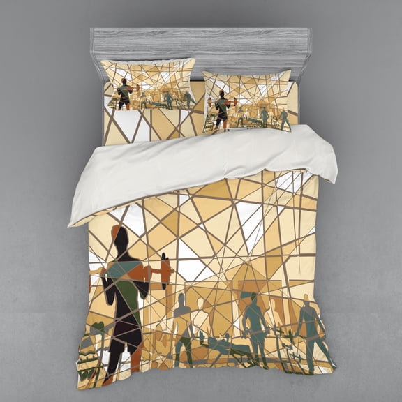 Ambesonne Fitness Bedding Set 4 Pcs, Mosaic People in Gym, Queen, Slate Blue Pale Brown