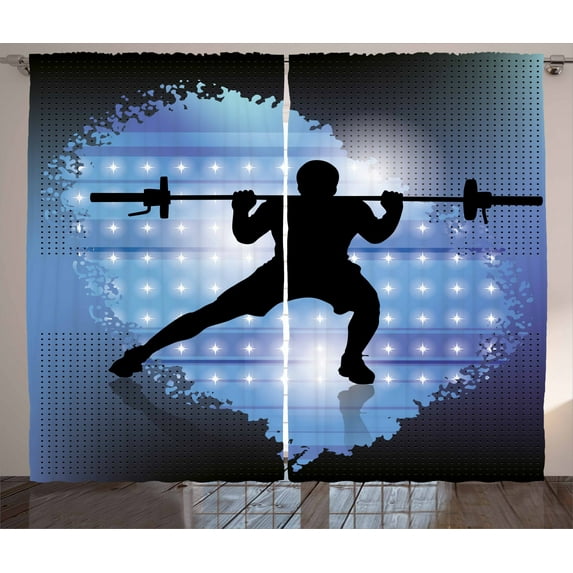 Ambesonne Fitness Curtains 2 Panel Set, Wightlifter Silhouette, 108" x 90", Pale Blue Black White