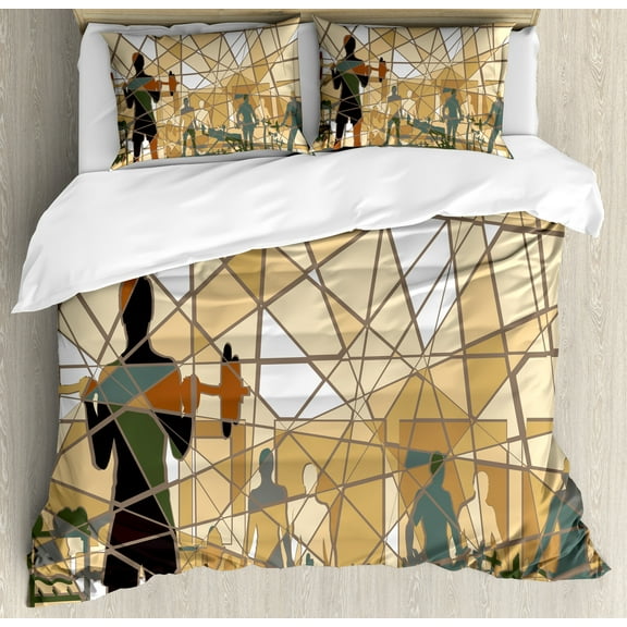 Ambesonne Fitness Duvet Cover Set, Mosaic People in Gym, Calking, Slate Blue Pale Brown