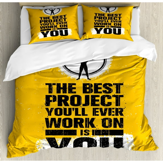 Ambesonne Fitness Duvet Cover Sets, Best Project is You, 2-Queen, Marigold Dark Blue White