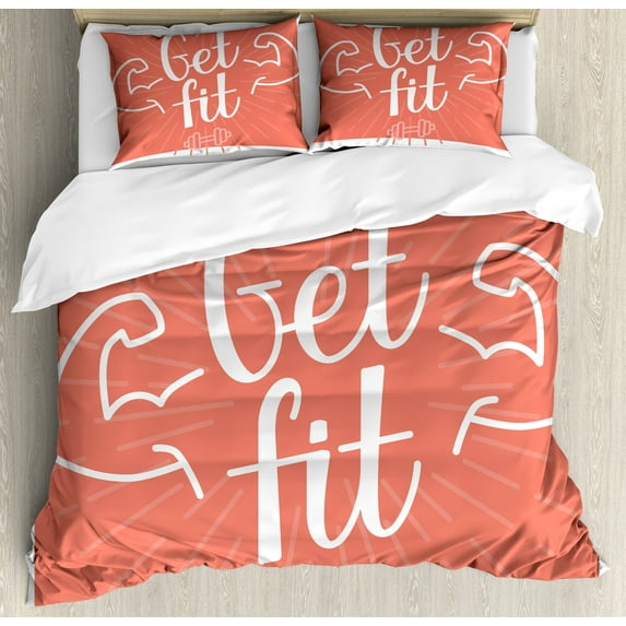 Ambesonne Fitness Duvet Cover Sets, Bodybuilder Arms Biceps, 2-King, Coral and White