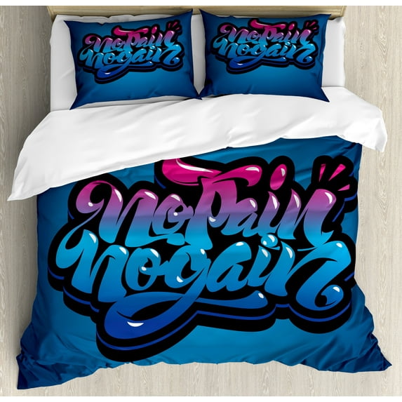 Ambesonne Fitness Duvet Cover Sets, No Pain No Gain Words, 2-King, Blue Pink Pale Blue