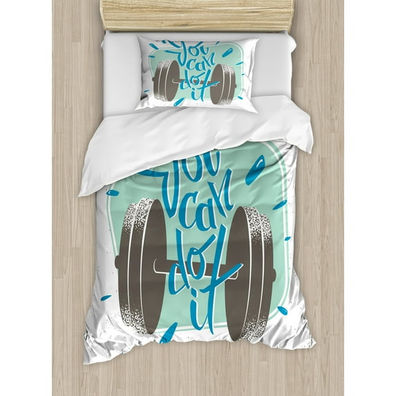 Ambesonne Fitness Duvet Cover Sets, Retro Inspiration Words, 2-Twin, Grey Almond Green Blue