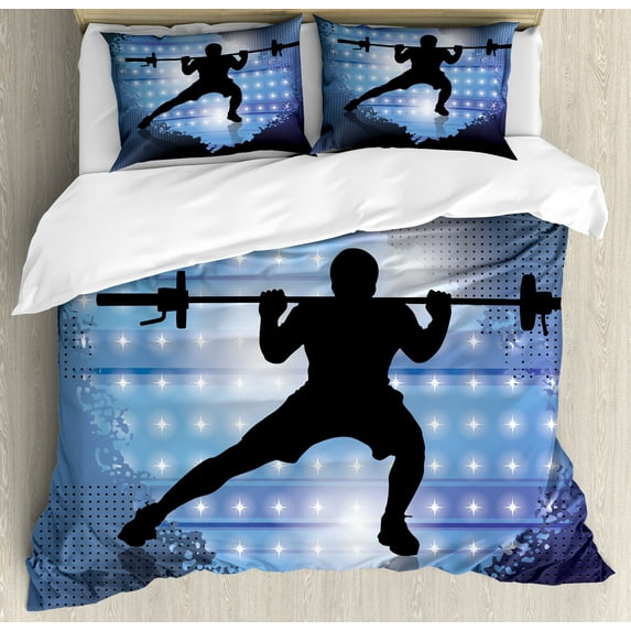 Ambesonne Fitness Duvet Cover Sets, Wightlifter Silhouette, 2-Queen, Pale Blue Black White