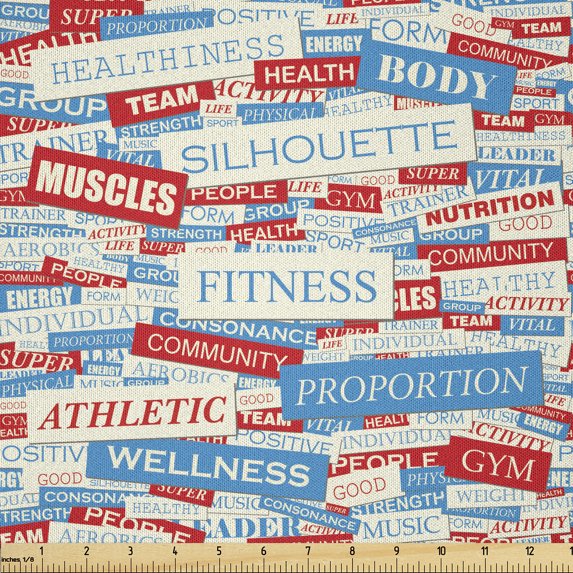 Ambesonne Fitness Fabric by the Yard Microfiber, Jumble Words of Exercise, 10 Yards, Ivory Vermilion Blue