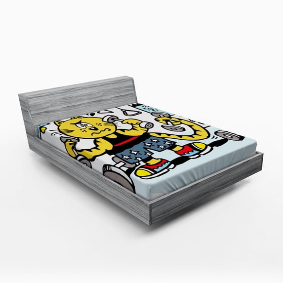 Ambesonne Fitness Fitted Sheet, Cartoon Cat Lifting, Full Size, Multicolor