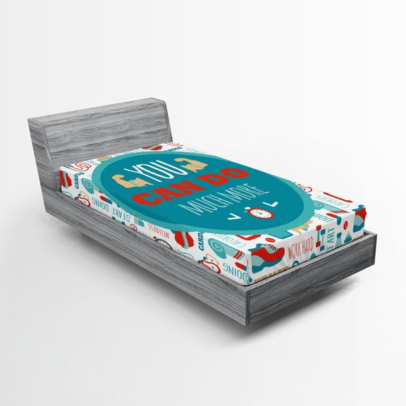 Ambesonne Fitness Fitted Sheet, Encouraging Gym Phrase, Twin XL Size, Teal White Red