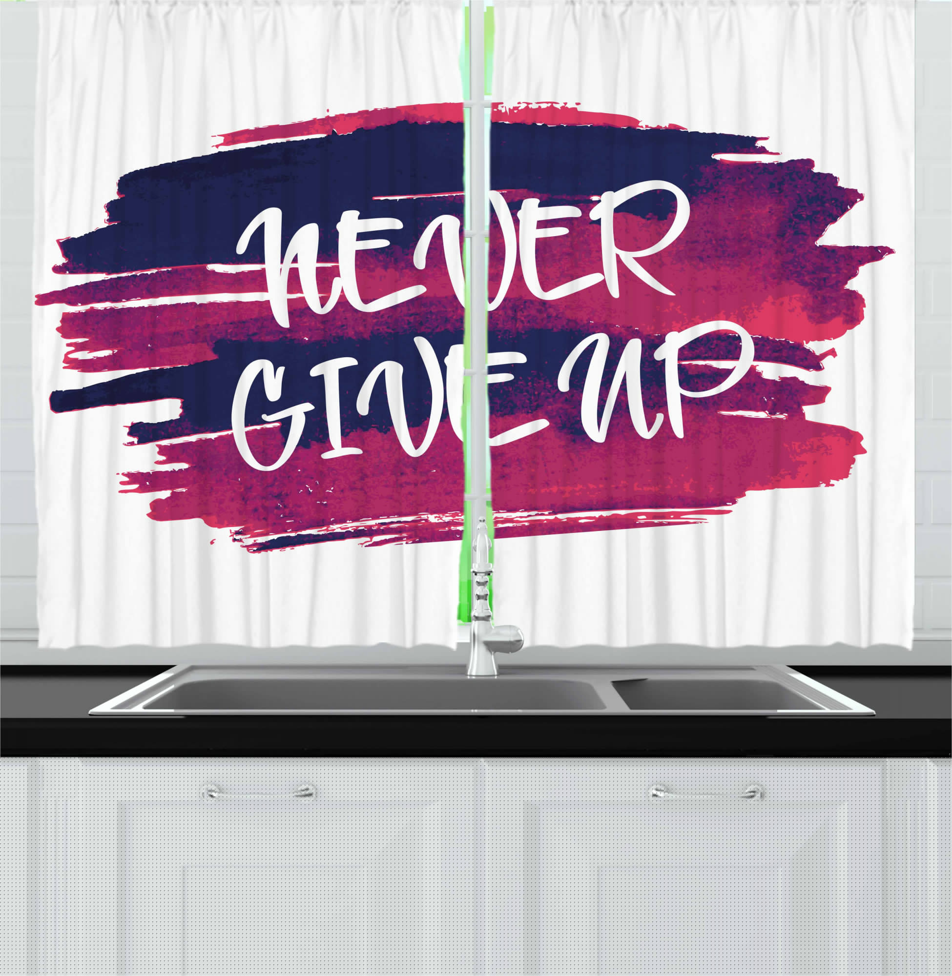 Ambesonne Fitness Kitchen Curtains, Brushstrokes with Words, 55"x45", Fuchsia Indigo White