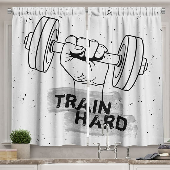 Ambesonne Fitness Kitchen Curtains, Dumbbell Hand Sketch, 55"x39", Black Grey White