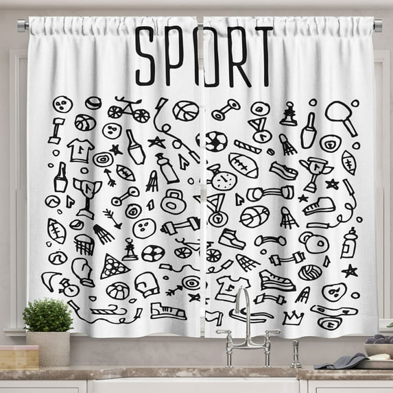 Ambesonne Fitness Kitchen Curtains, Sports Gym, 55"x45", Black and White