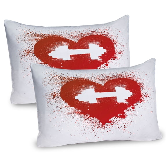 Ambesonne Fitness Pillow Sham 2 Pack, Red Heart Dumbbell Art, 36"x20", Red and White