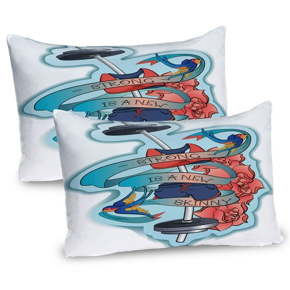 Ambesonne Fitness Pillow Sham 2 Pack, Words Flowers Barbell, 26"x20", Dark Coral Blue Grey