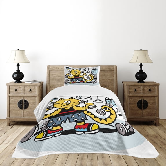 Ambesonne Fitness Quilted Bedspread Set 2 Pcs, Cartoon Cat Lifting, Twin Size, Multicolor