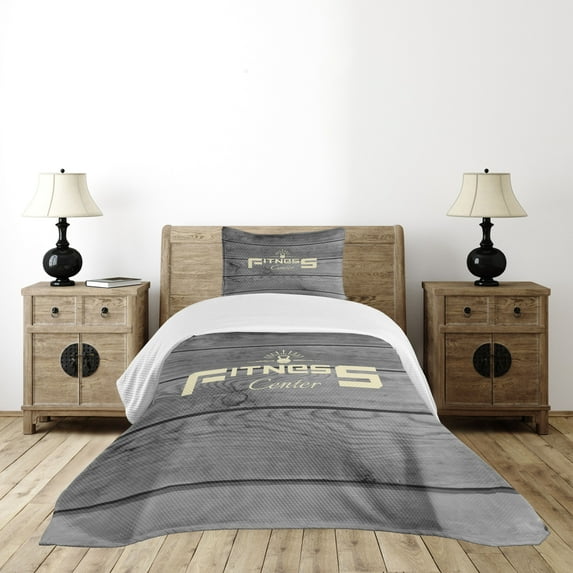 Ambesonne Fitness Quilted Bedspread Set 2 Pcs, Club Wood Planks, Twin Size, Pale Yellow Black Grey