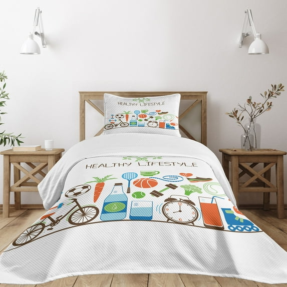 Ambesonne Fitness Quilted Bedspread Set 2 Pcs, Colorful Wellness Themed, Twin Size, Multicolor
