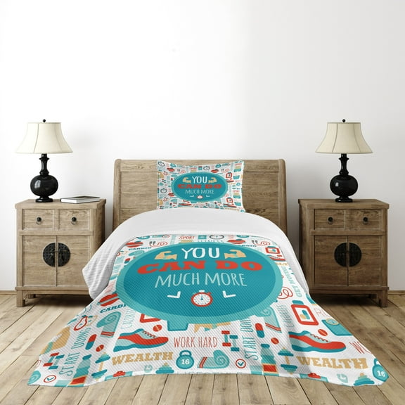 Ambesonne Fitness Quilted Bedspread Set 2 Pcs, Encouraging Gym Phrase, Twin Size, Teal White Red
