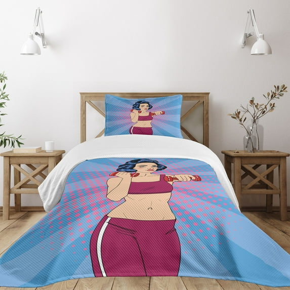 Ambesonne Fitness Quilted Bedspread Set 2 Pcs, Pop Art Woman Vitality, Twin Size, Multicolor