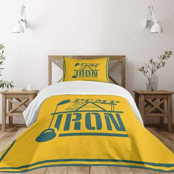 Ambesonne Fitness Quilted Bedspread Set 2 Pcs, Pump Some Iron Vintage, Twin Size, Petrol Blue Marigold