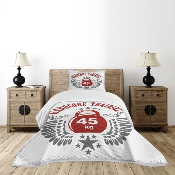 Ambesonne Fitness Quilted Bedspread Set 2 Pcs, Vintage Gym Emblem, Twin Size, Red White Grey