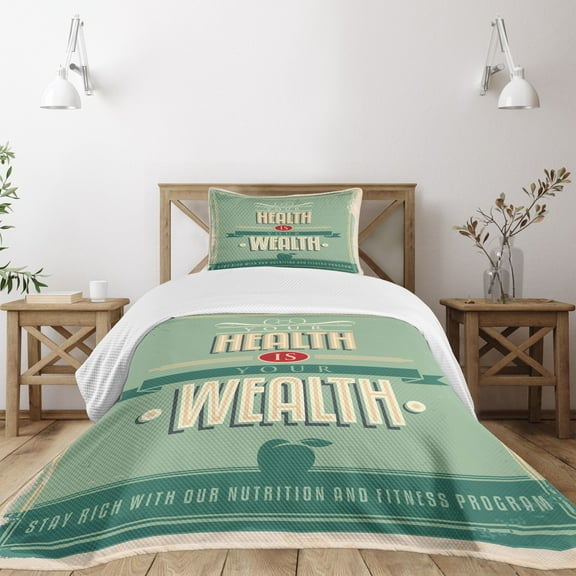 Ambesonne Fitness Quilted Bedspread Set 2 Pcs, Vintage Inspirational, Twin Size, Pale Orange Pale Green