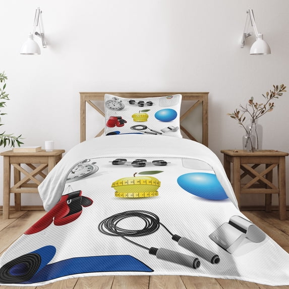 Ambesonne Fitness Quilted Bedspread Set 2 Pcs, Vivid Workout Items, Twin Size, Multicolor
