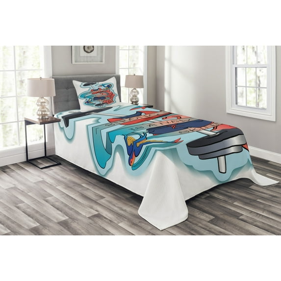 Ambesonne Fitness Quilted Bedspread Set 2 Pcs, Words Flowers Barbell, Twin Size, Dark Coral Blue Grey
