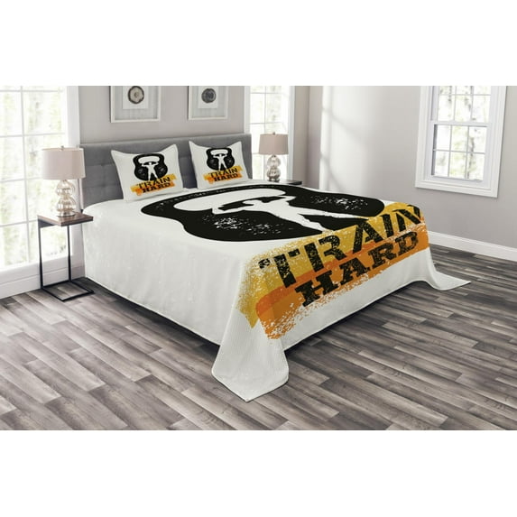 Ambesonne Fitness Quilted Bedspread Set 3 Pcs, Aged Kettlebell Athlete, King Size, Orange Black White