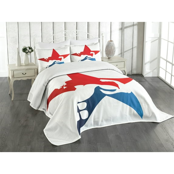 Ambesonne Fitness Quilted Bedspread Set 3 Pcs, Athlete Silhouette Star, Queen Size, Red Blue White