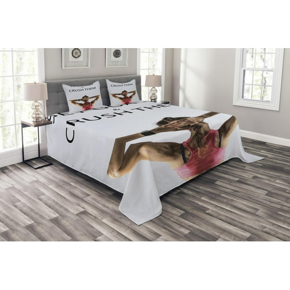 Ambesonne Fitness Quilted Bedspread Set 3 Pcs, Athletic Model Woman, King Size, Beige Pink Black