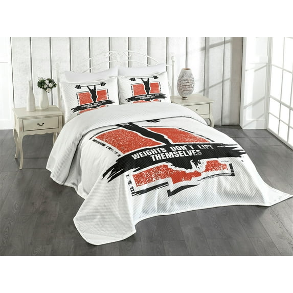 Ambesonne Fitness Quilted Bedspread Set 3 Pcs, Bodybuilder Barbell, Queen Size, Red Black White