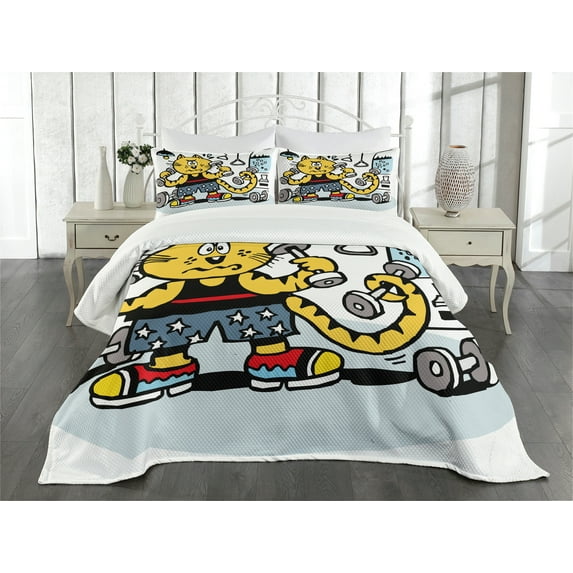 Ambesonne Fitness Quilted Bedspread Set 3 Pcs, Cartoon Cat Lifting, King Size, Multicolor