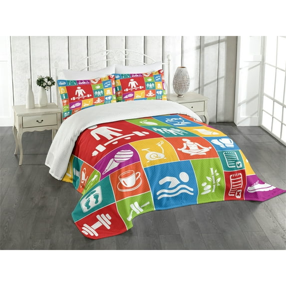 Ambesonne Fitness Quilted Bedspread Set 3 Pcs, Colorful Sportive Life Art, Queen Size, Multicolor