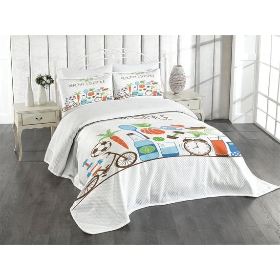 Ambesonne Fitness Quilted Bedspread Set 3 Pcs, Colorful Wellness Themed, Queen Size, Multicolor