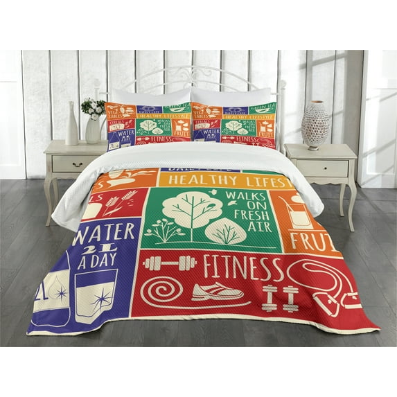 Ambesonne Fitness Quilted Bedspread Set 3 Pcs, Daily Life Chart Lettering, King Size, Multicolor